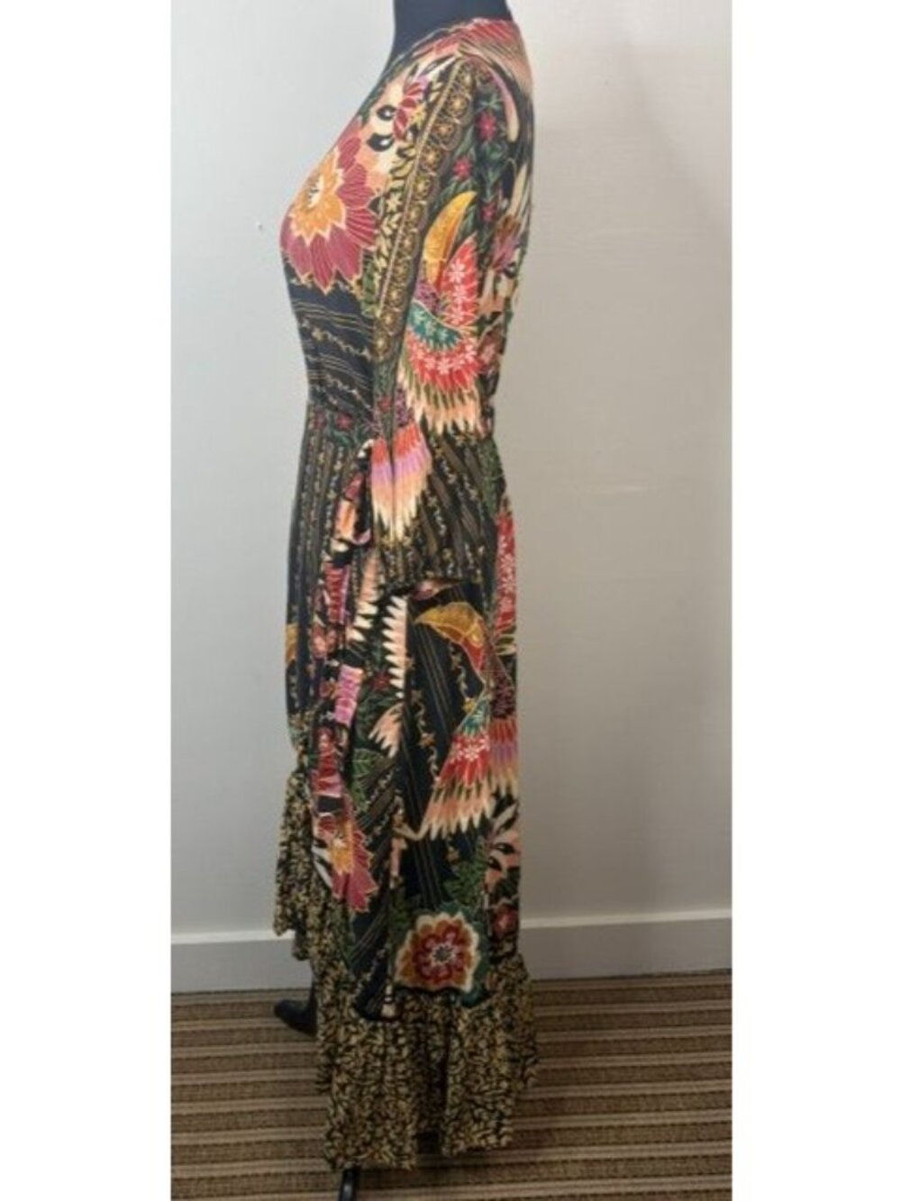 Farm Rio for Anthropologie Amorina Floral Tropical 3/4 Sleeve Maxi Wrap Dress Si - Picture 5 of 7